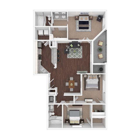 Floor plan for 3 beds, 2 baths, 1250 sqft